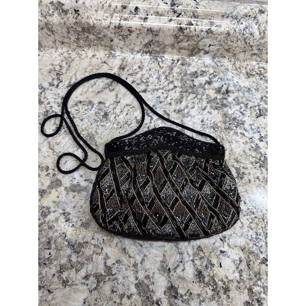 Vintage 1980s Micro Beaded Evening Shoulder Bag Purse Black Gold Bronze Gray
